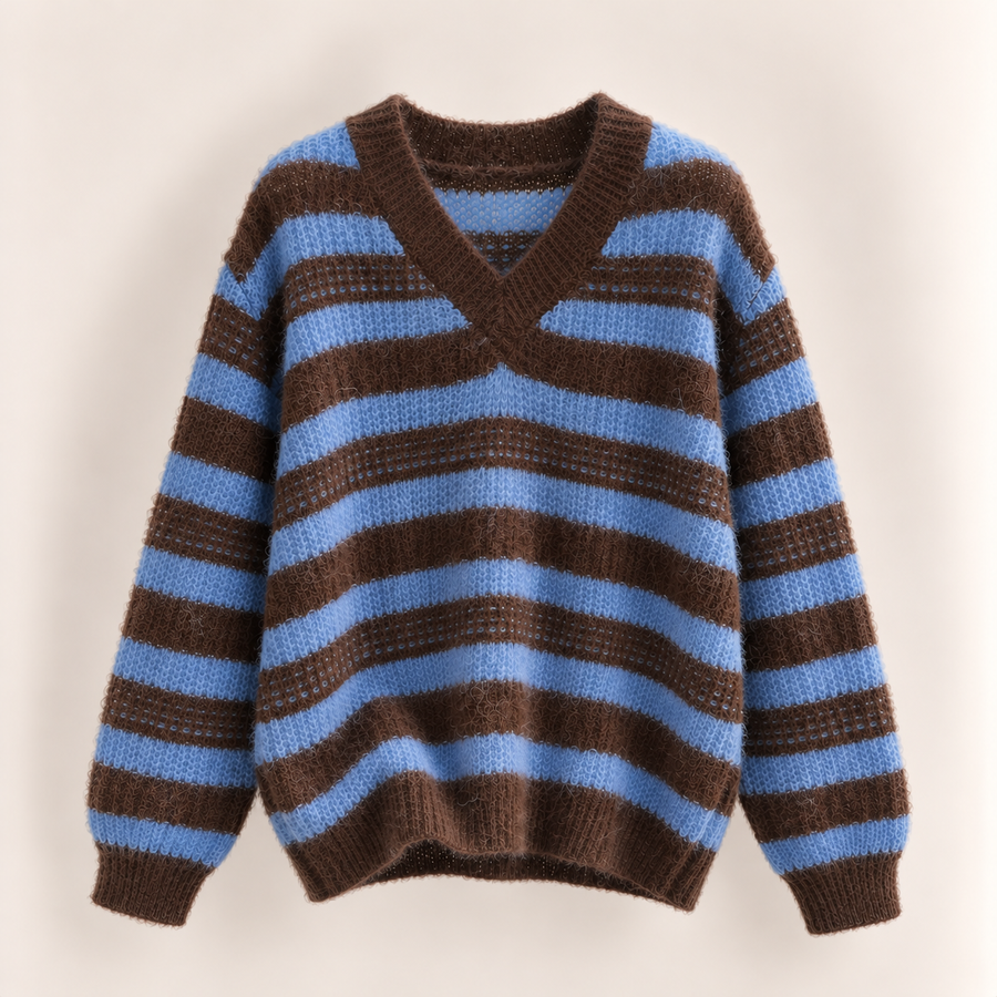 V-Neck Knit Jumper - Blue Stripe