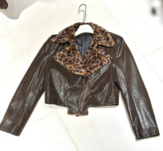 Leopard Faux Fur Collar Cropped Leather jacket