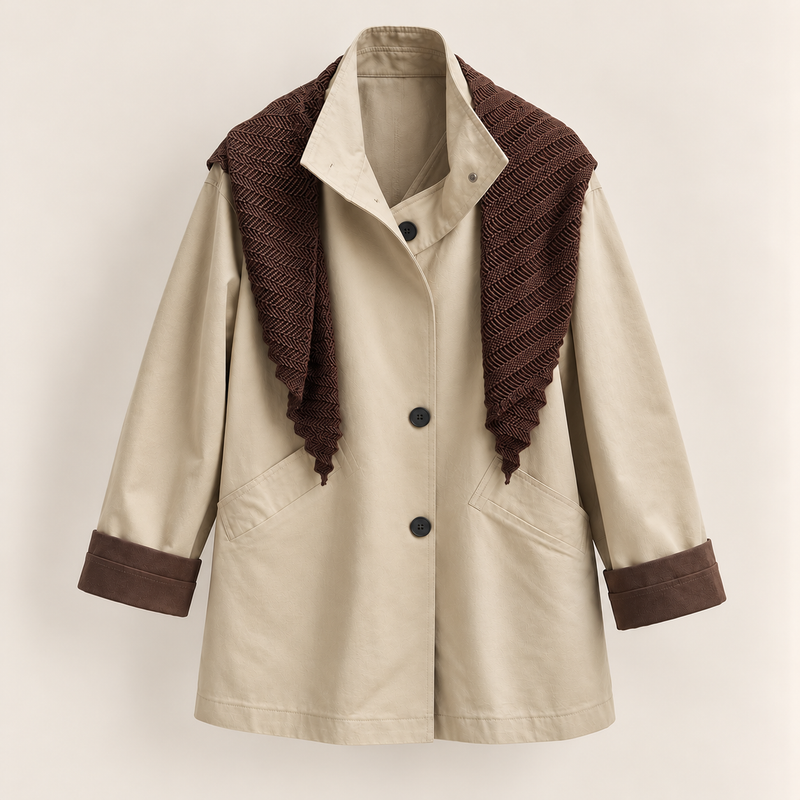 Contrast Scarf Longline Jacket - Khaki