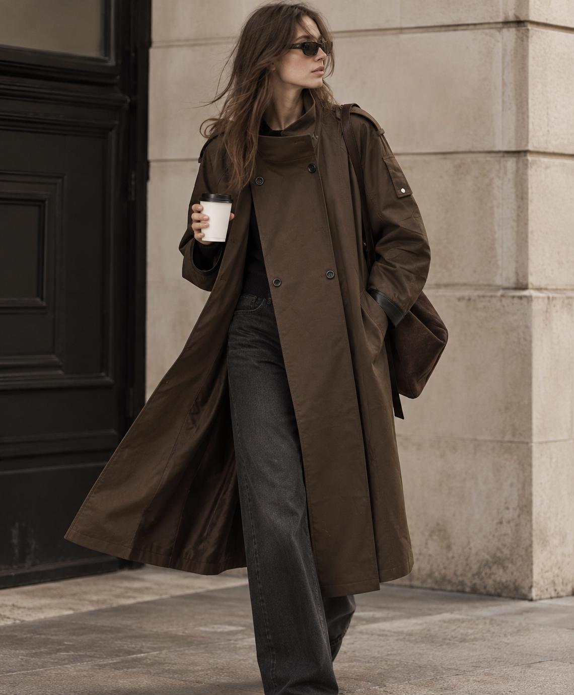 Collar Long Trench Coat Green