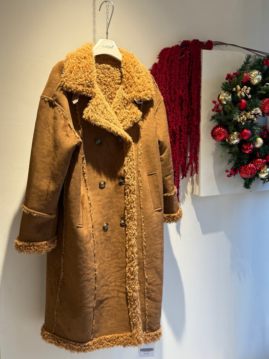 Shearling Trim Faux Suede Double-Breasted Mid-Length Coat – Camel Brown