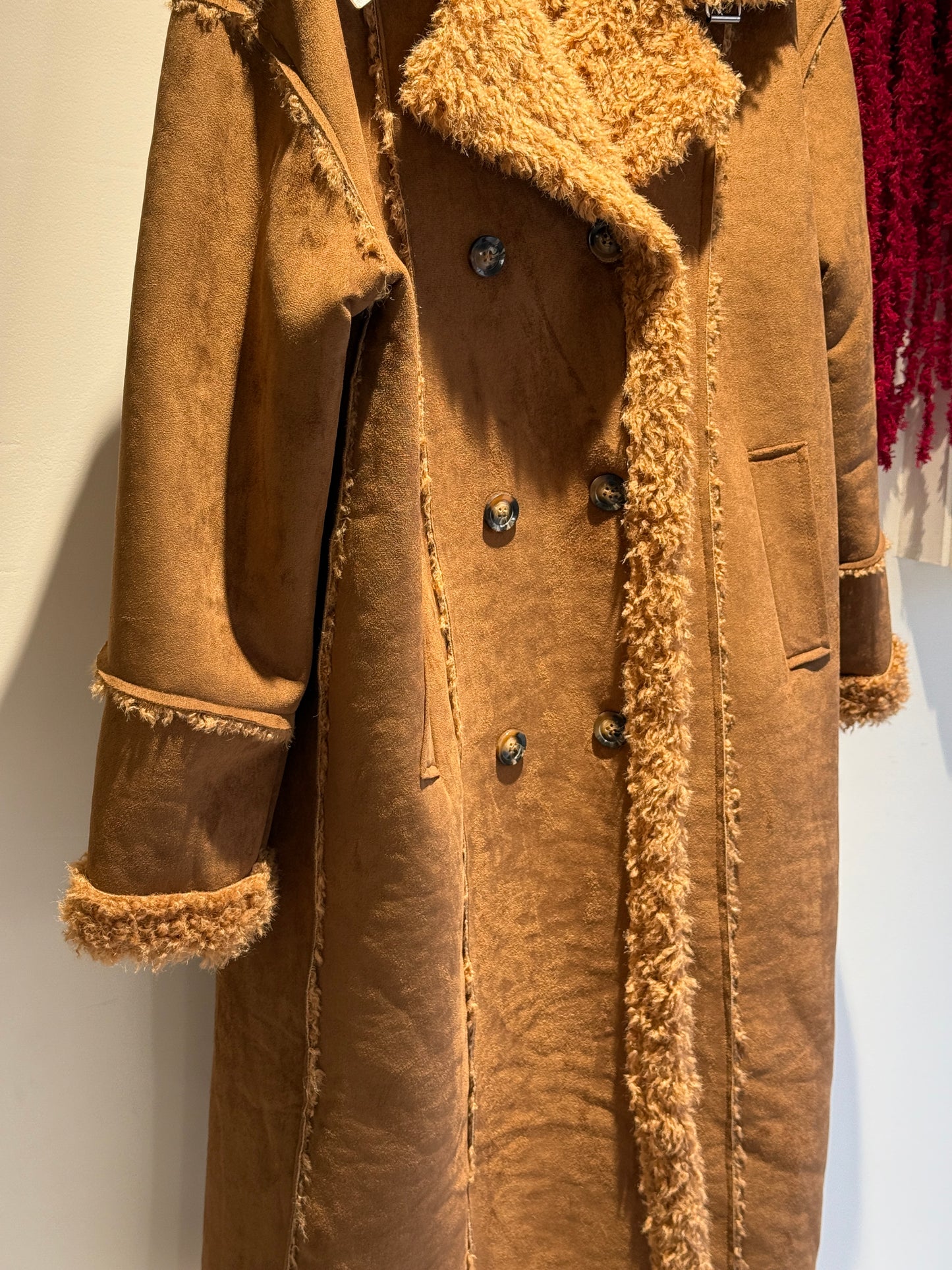 Shearling Trim Faux Suede Double-Breasted Mid-Length Coat – Camel Brown