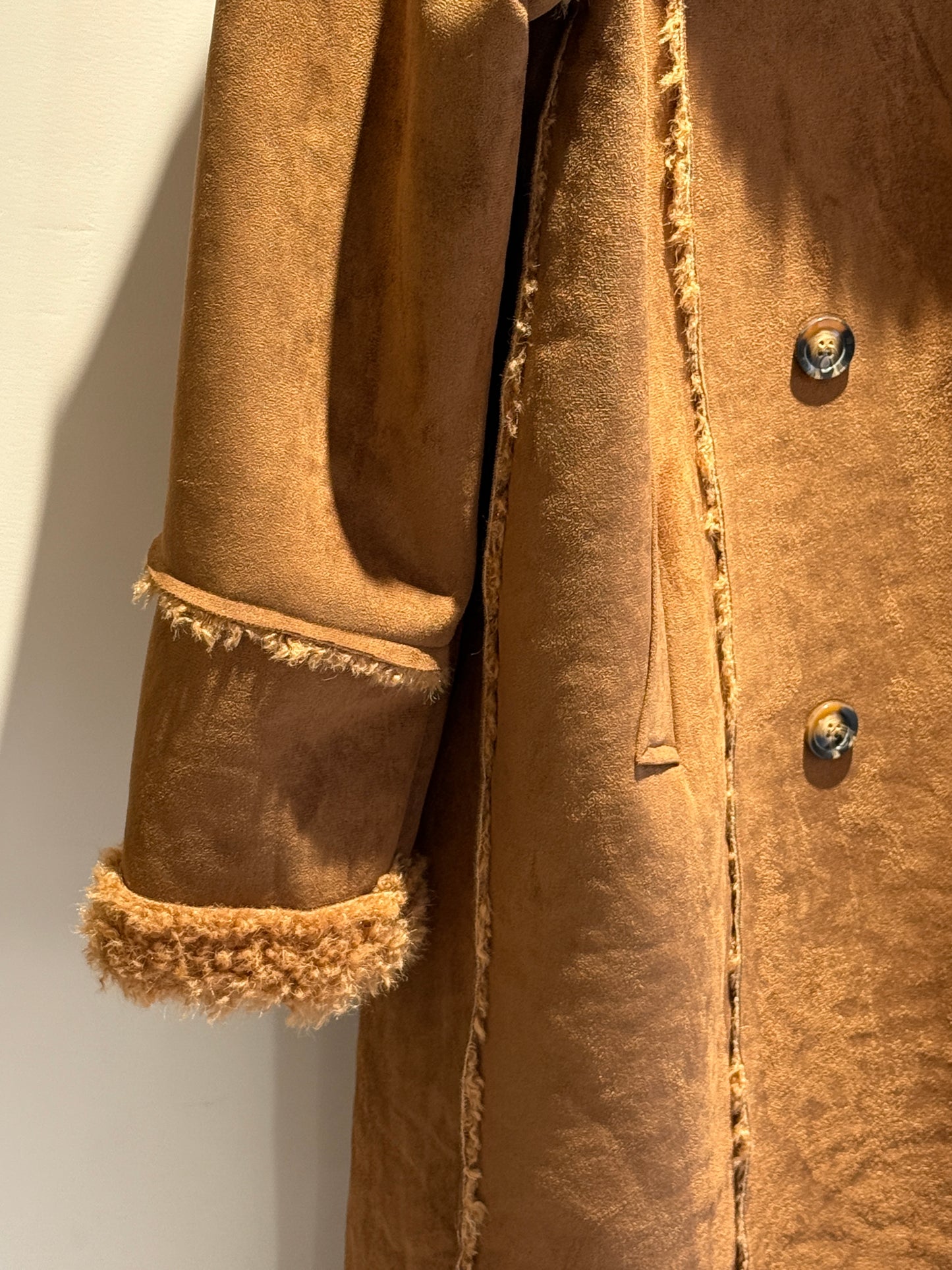 Shearling Trim Faux Suede Double-Breasted Mid-Length Coat – Camel Brown