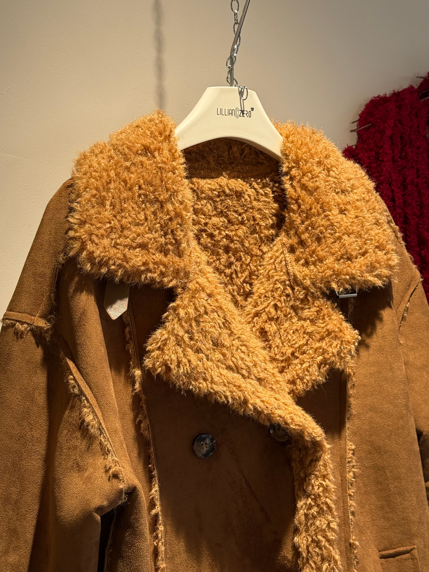 Shearling Trim Faux Suede Double-Breasted Mid-Length Coat – Camel Brown