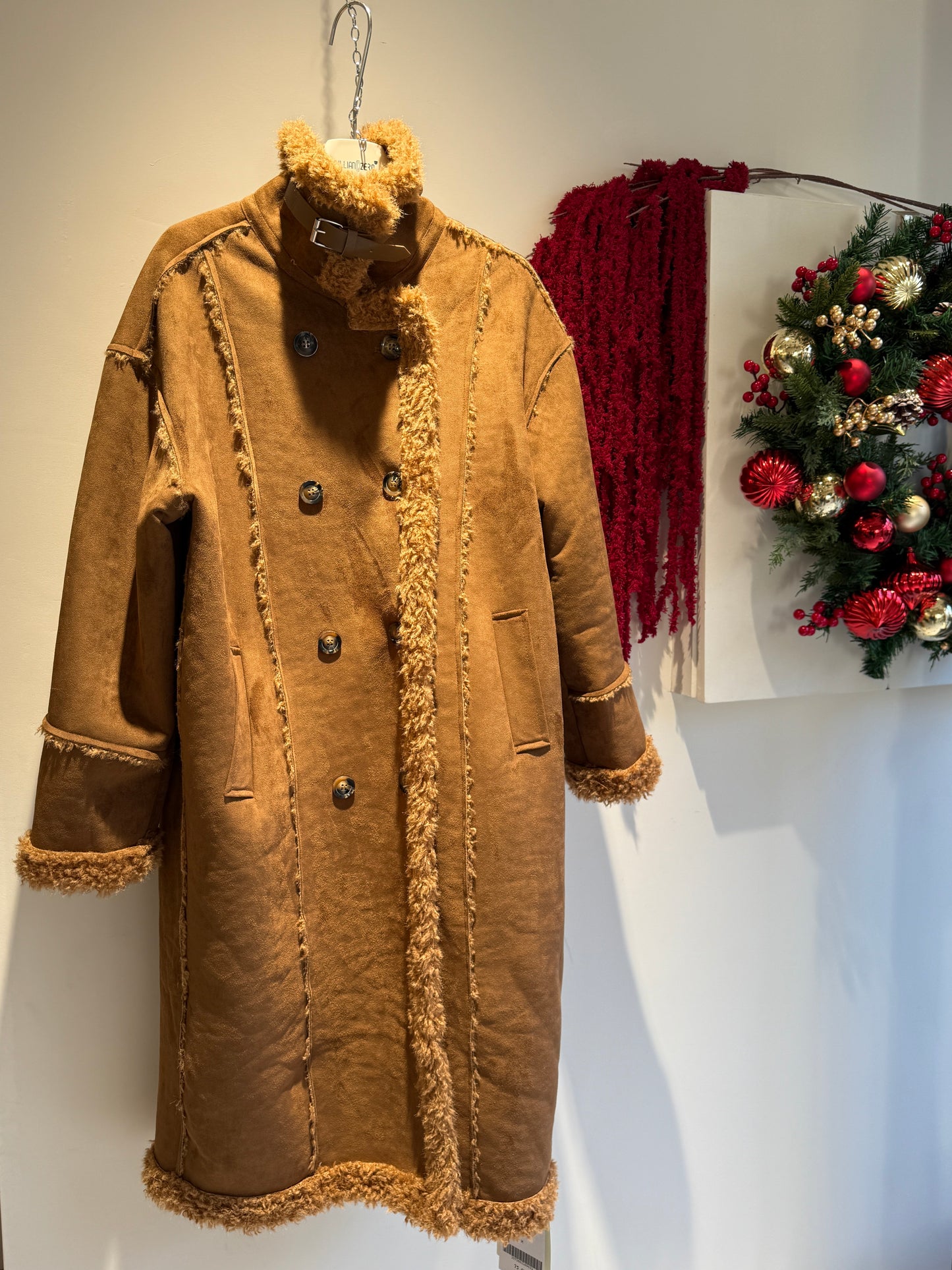 Shearling Trim Faux Suede Double-Breasted Mid-Length Coat – Camel Brown