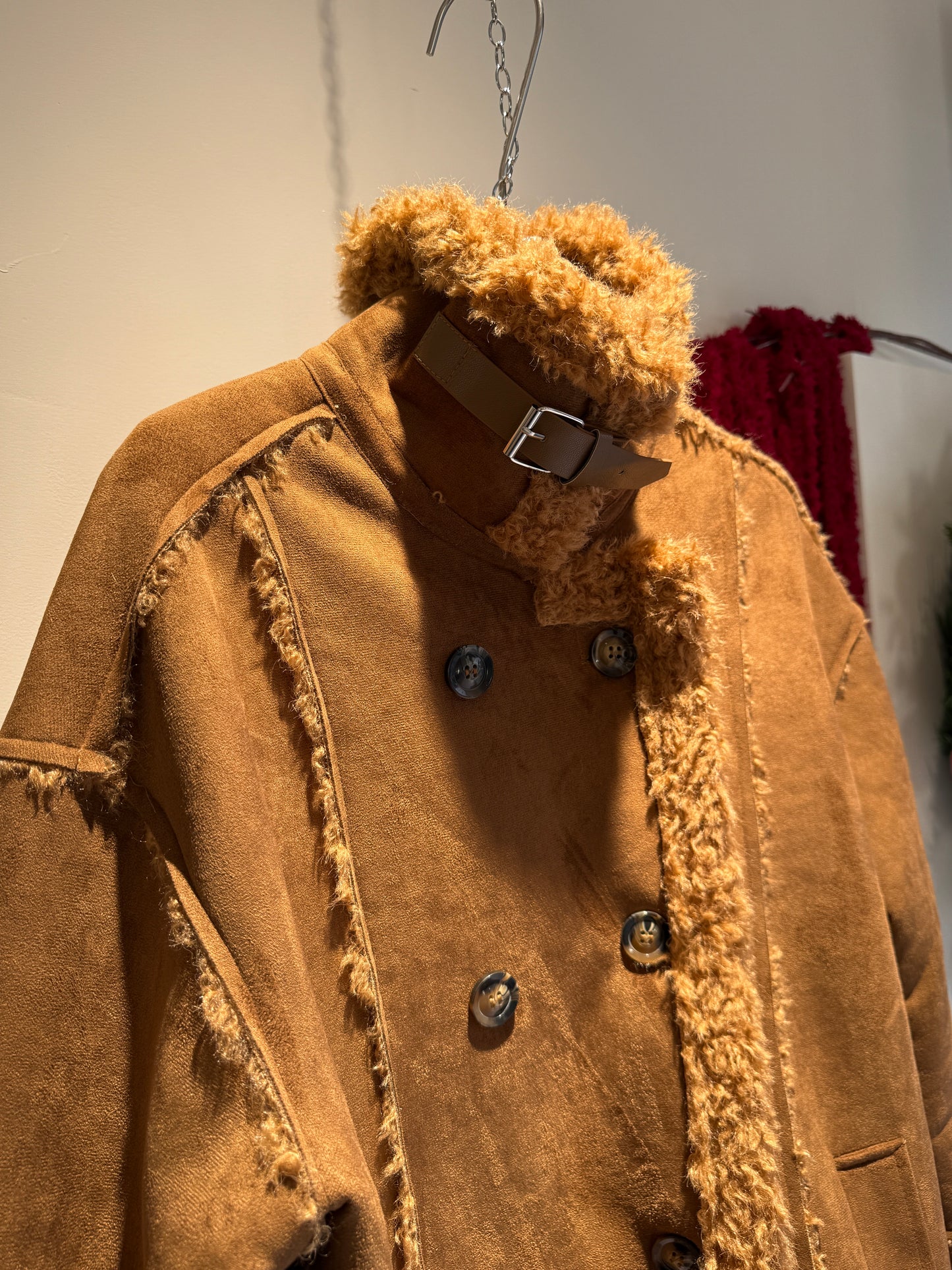 Shearling Trim Faux Suede Double-Breasted Mid-Length Coat – Camel Brown