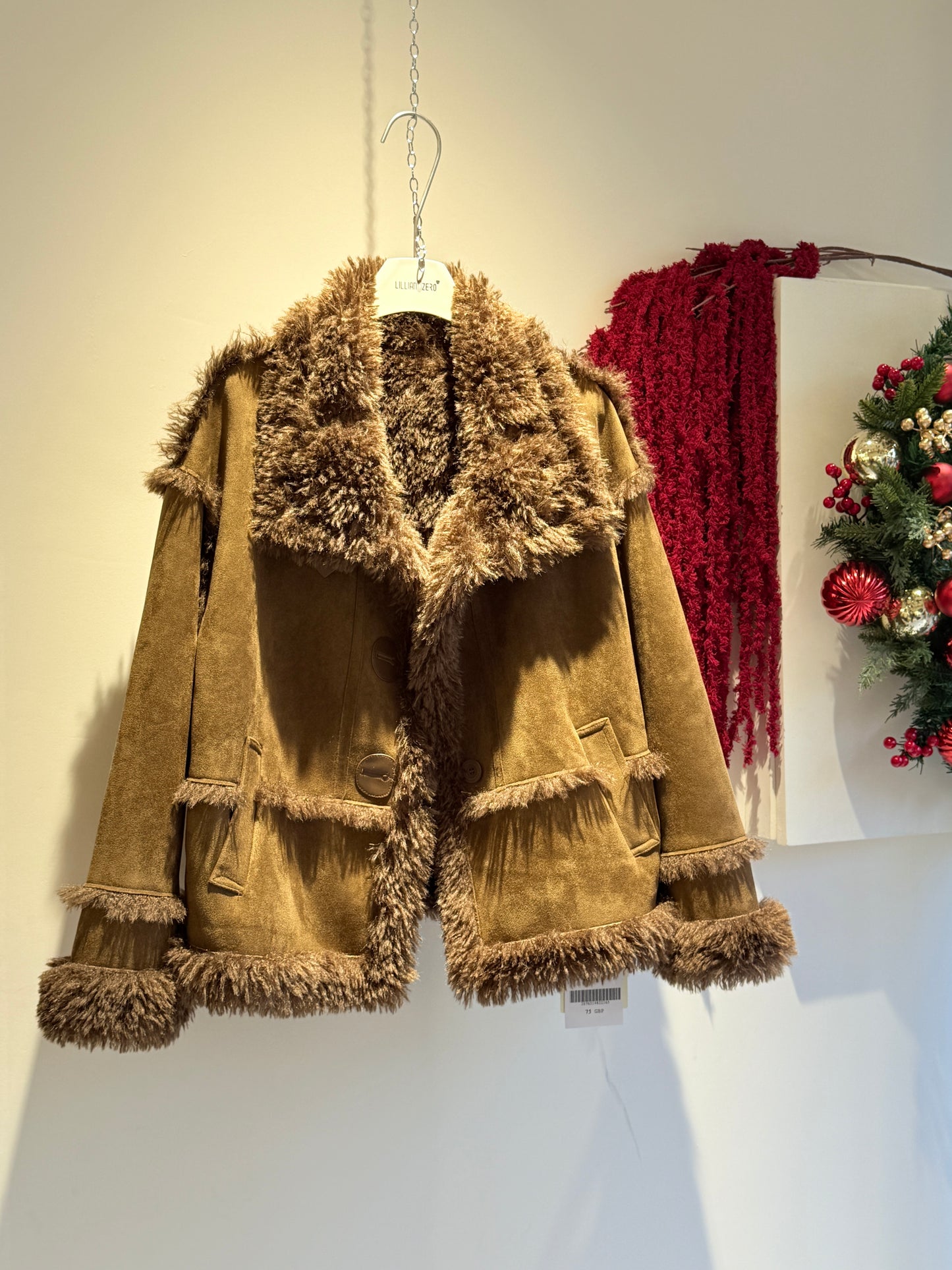 Faux Suede Shearling-Trim Short Jacket