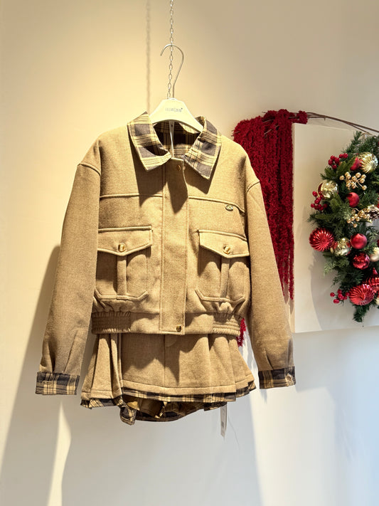 Padded Jacket with Plaid Collar – Camel