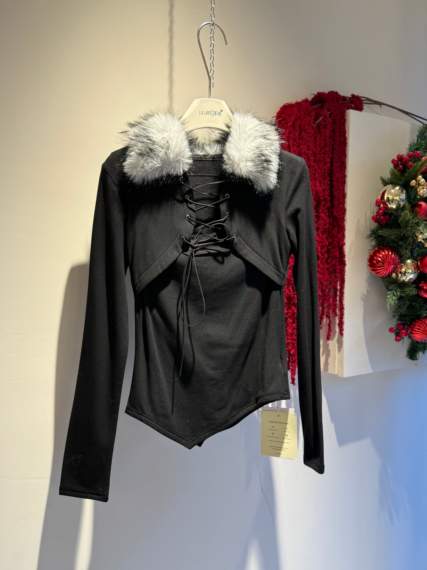 Lace-Up Faux Fur Trim Long Sleeve Top