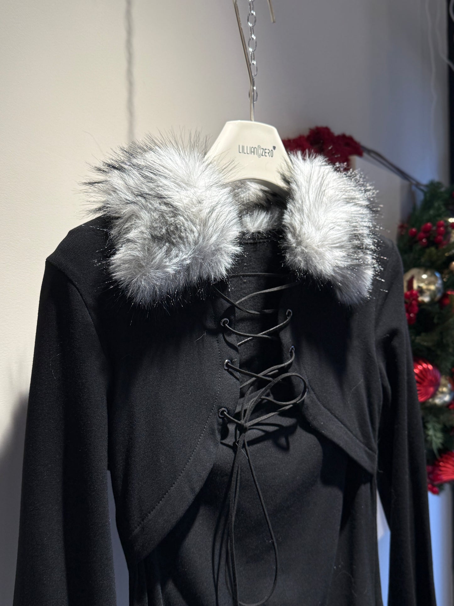 Lace-Up Faux Fur Trim Long Sleeve Top