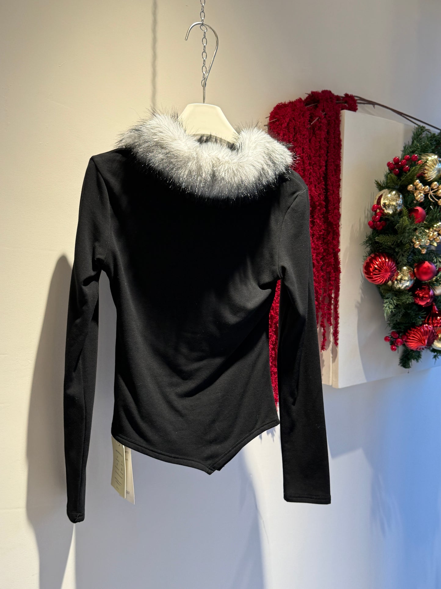 Lace-Up Faux Fur Trim Long Sleeve Top