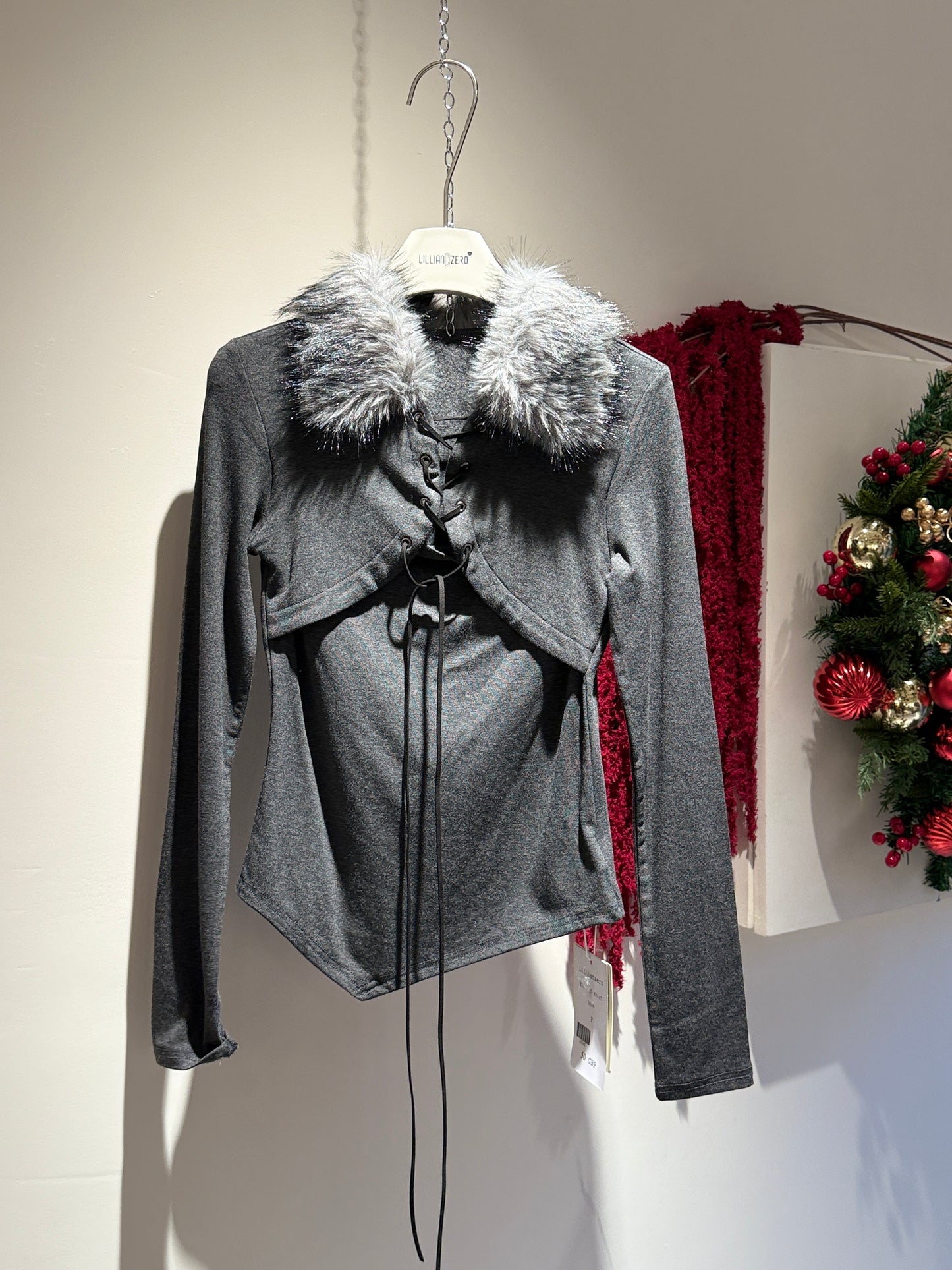 Lace-Up Faux Fur Trim Long Sleeve Top