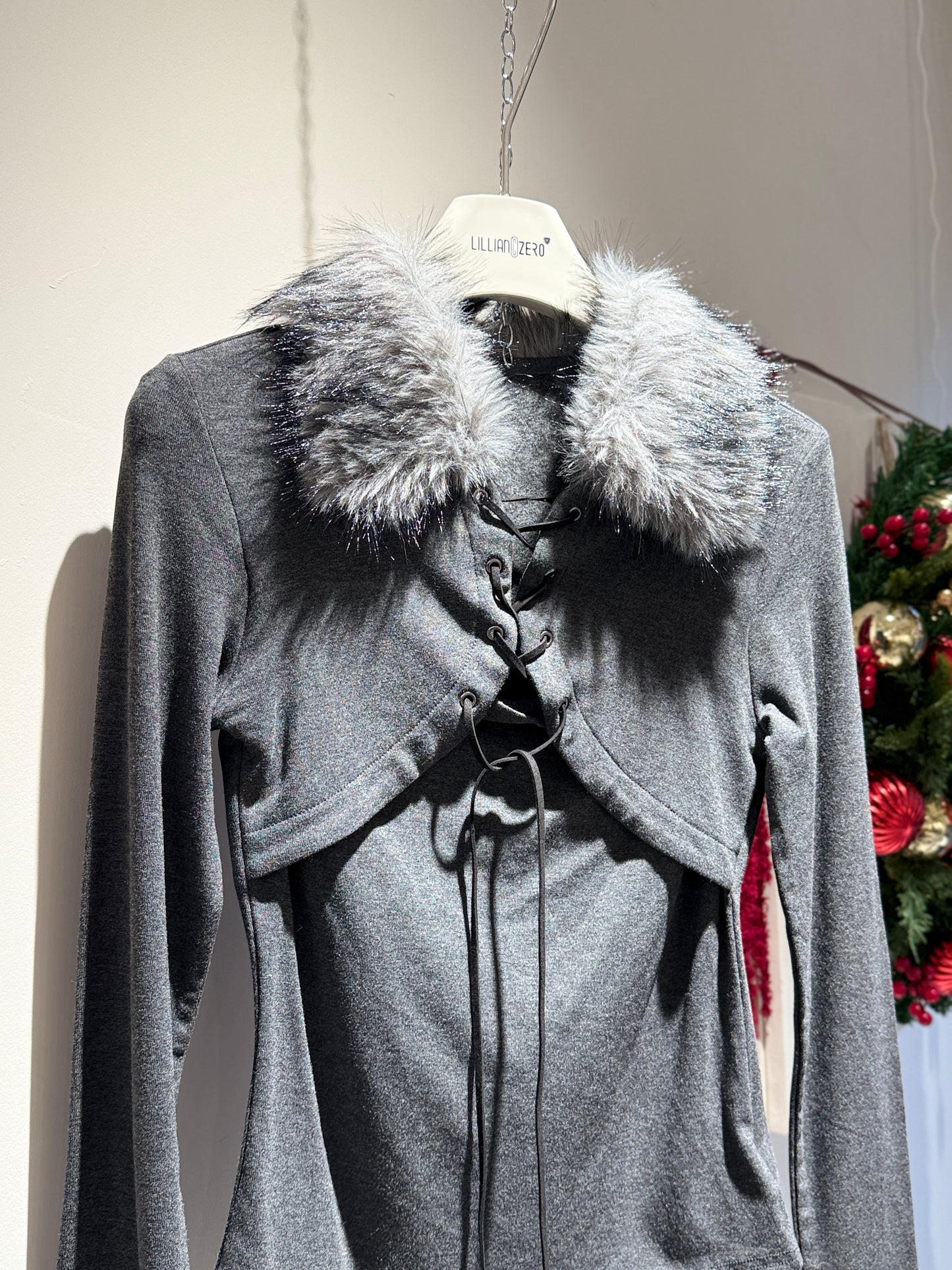 Lace-Up Faux Fur Trim Long Sleeve Top