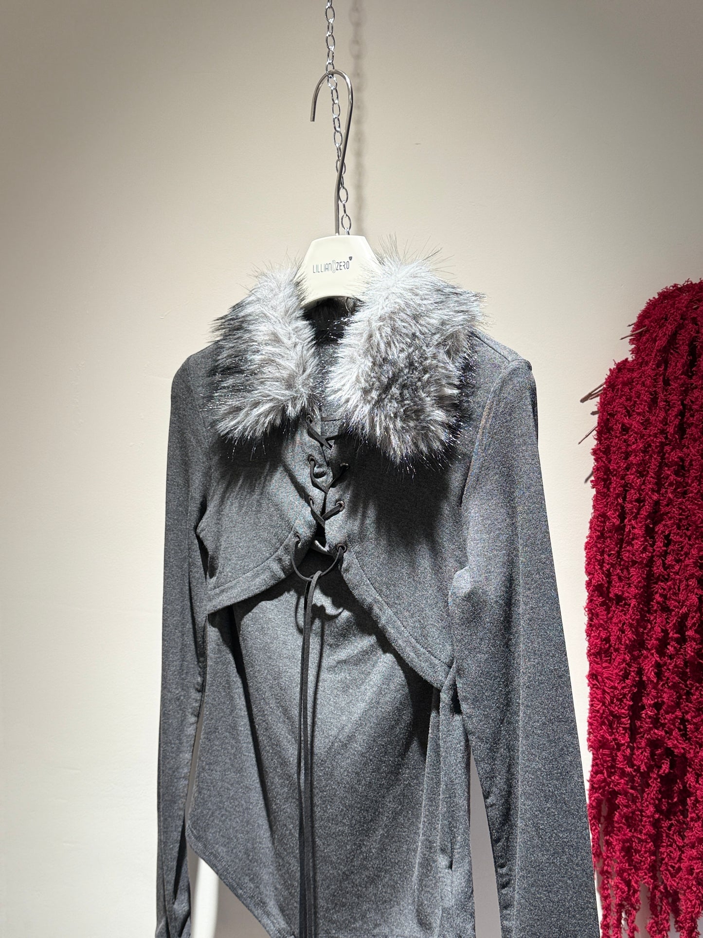 Lace-Up Faux Fur Trim Long Sleeve Top