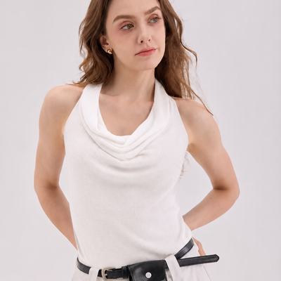 Translation missing: en.Lillian Zero model in white cowl-neck top, mobile hero image